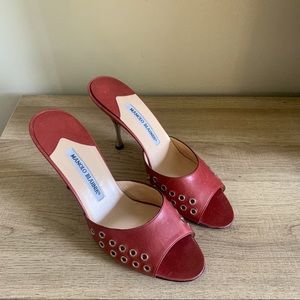 Manolo Blahnik Red Grommet Slide Sandals EU39